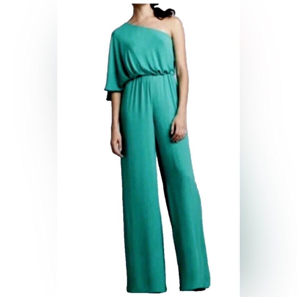 BCBG MAXAZRIA SIZE 2 LEEO EMERALD ONE SHOULDER WIDE LEG JUMPSUIT